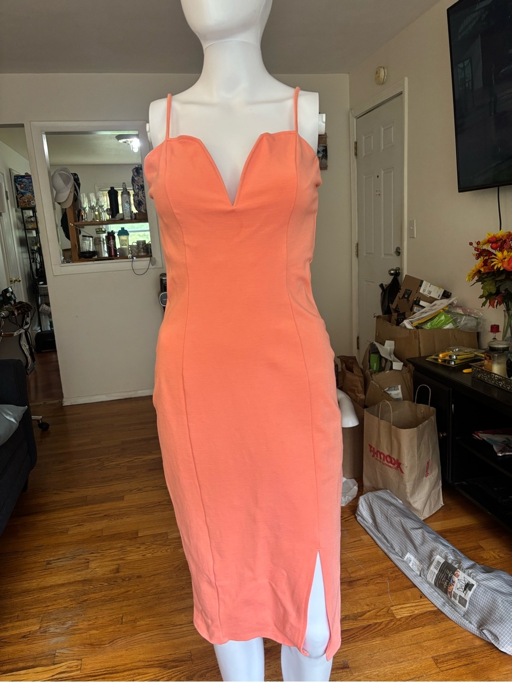 Charlotte Russe Orange Knit Bodycon V-Neck Strappy Midi Slit Zip M stretch